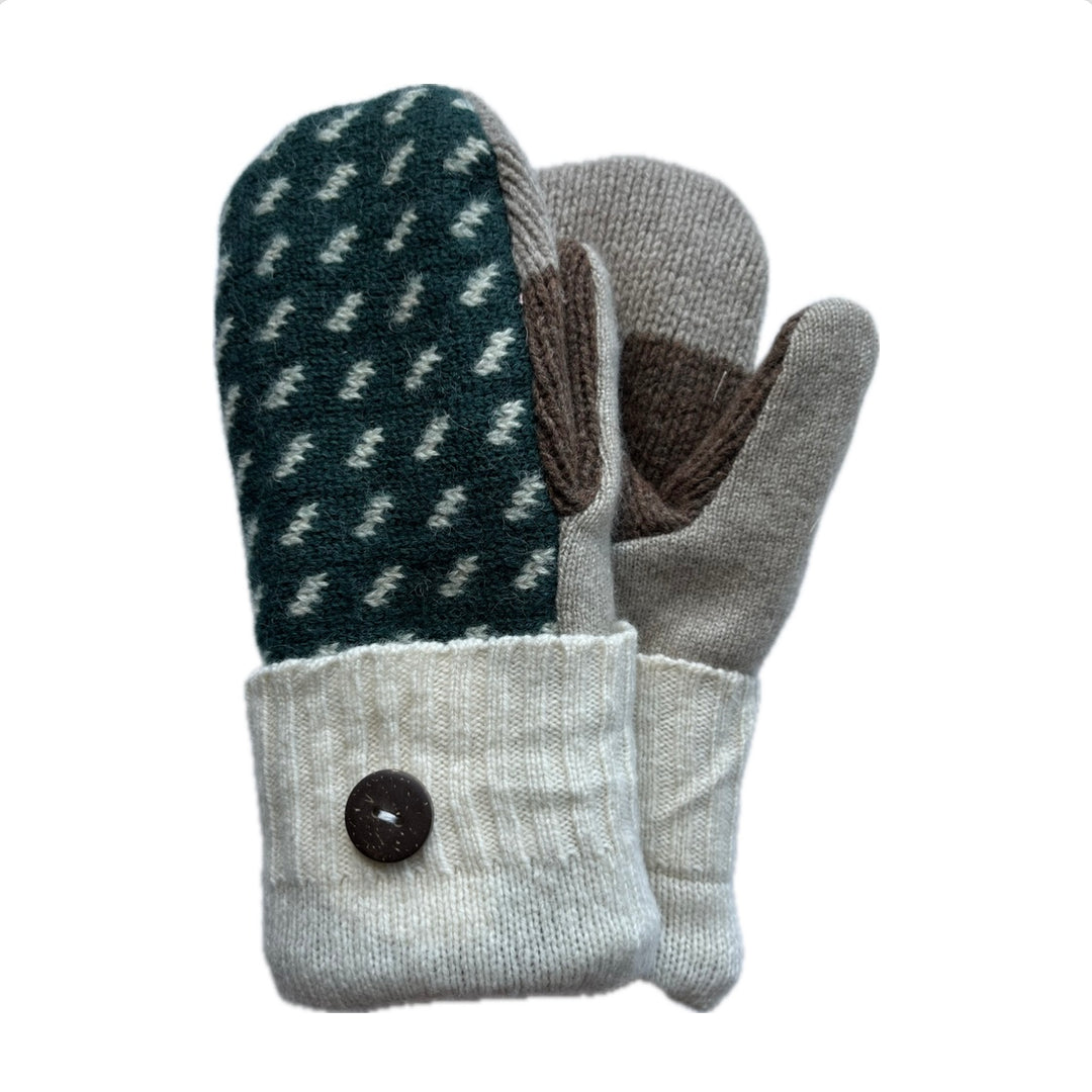 Women's Mittens Petite with Buttons - Forest Green Geometric Pattern, Ivory Cuffs & Brown Button - 585