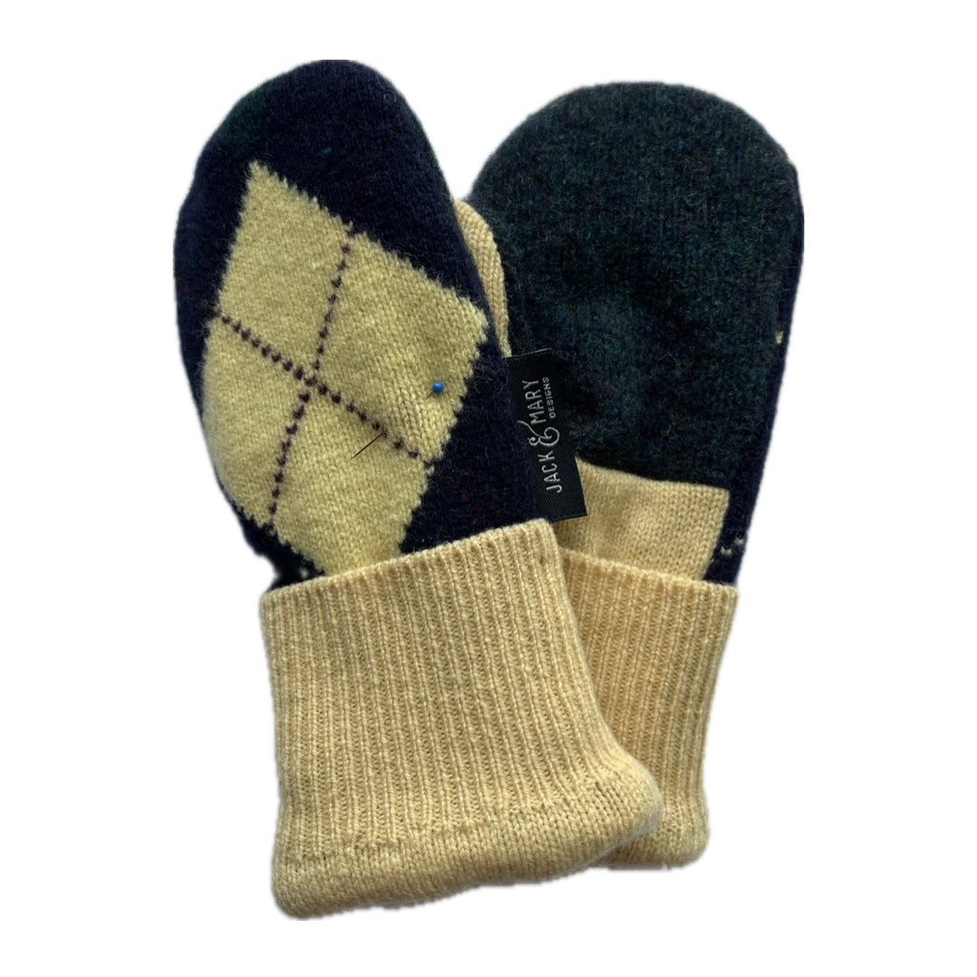 Kids Mittens S/M - Butter Yellow & Navy Argyle - 305
