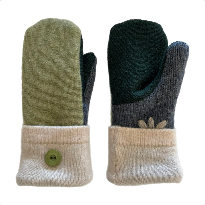 Women's Mittens Petite with Buttons - Green, Cream & Blue - 584