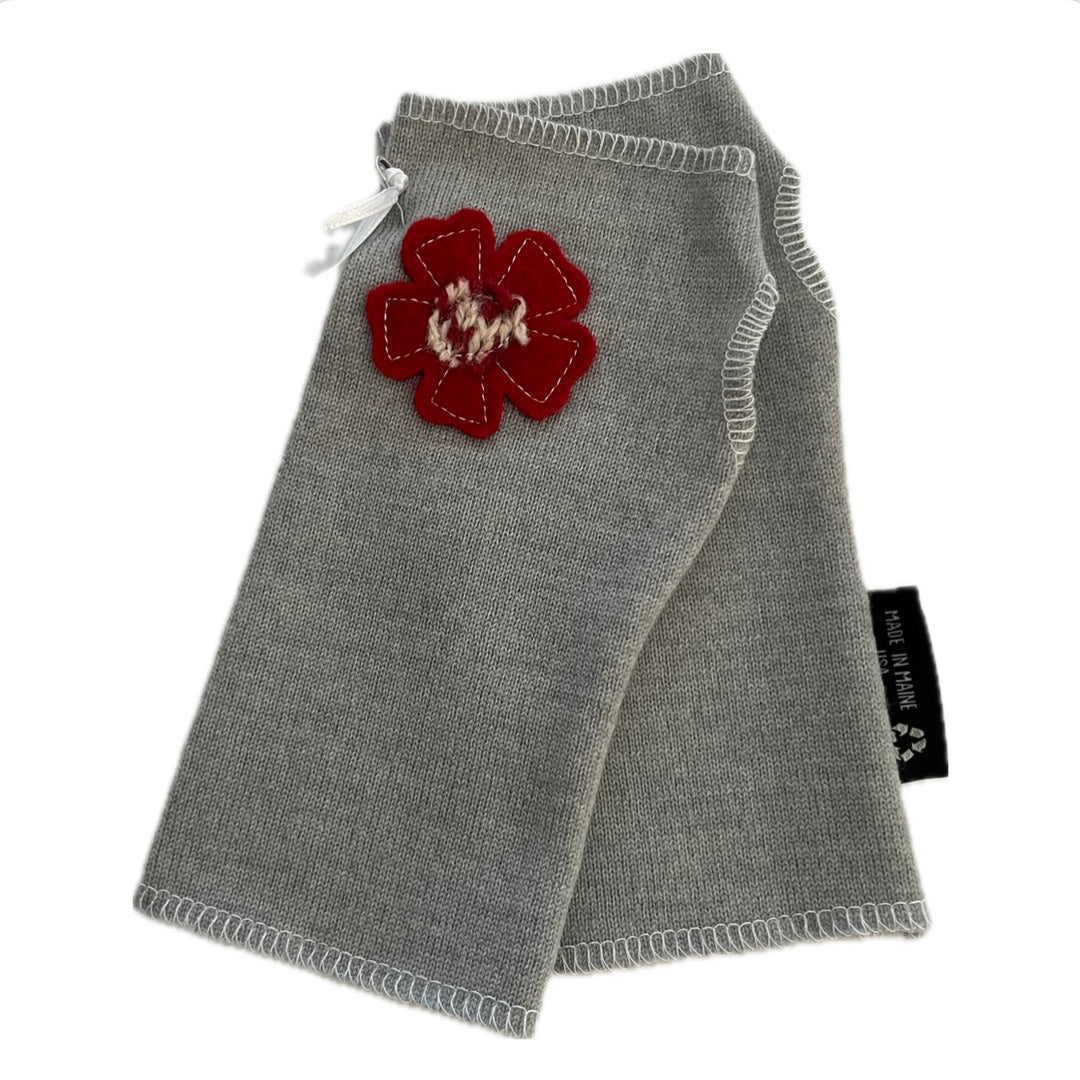 SALE Wool Short Flower Fingerless Mittens - Light Grey with Off Center Red Flower - 217