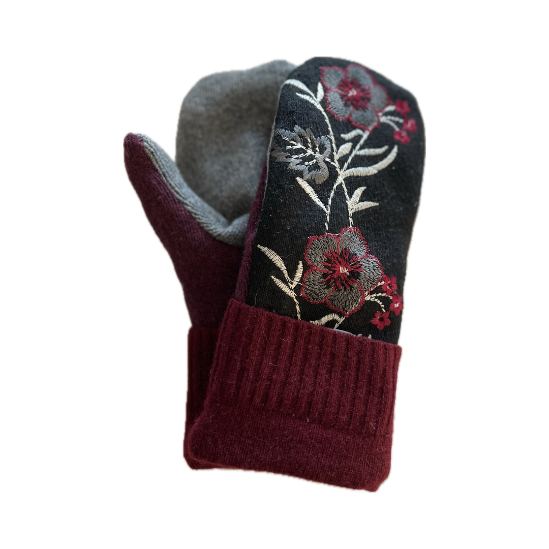 Women's Mittens - Wine, Black, & White Flower Pattern - 1640
