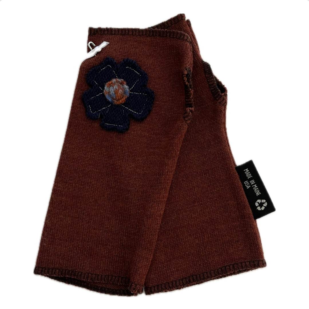 SALE Wool Short Flower Fingerless Mittens - Rust with Off Center Navy Flower - 218