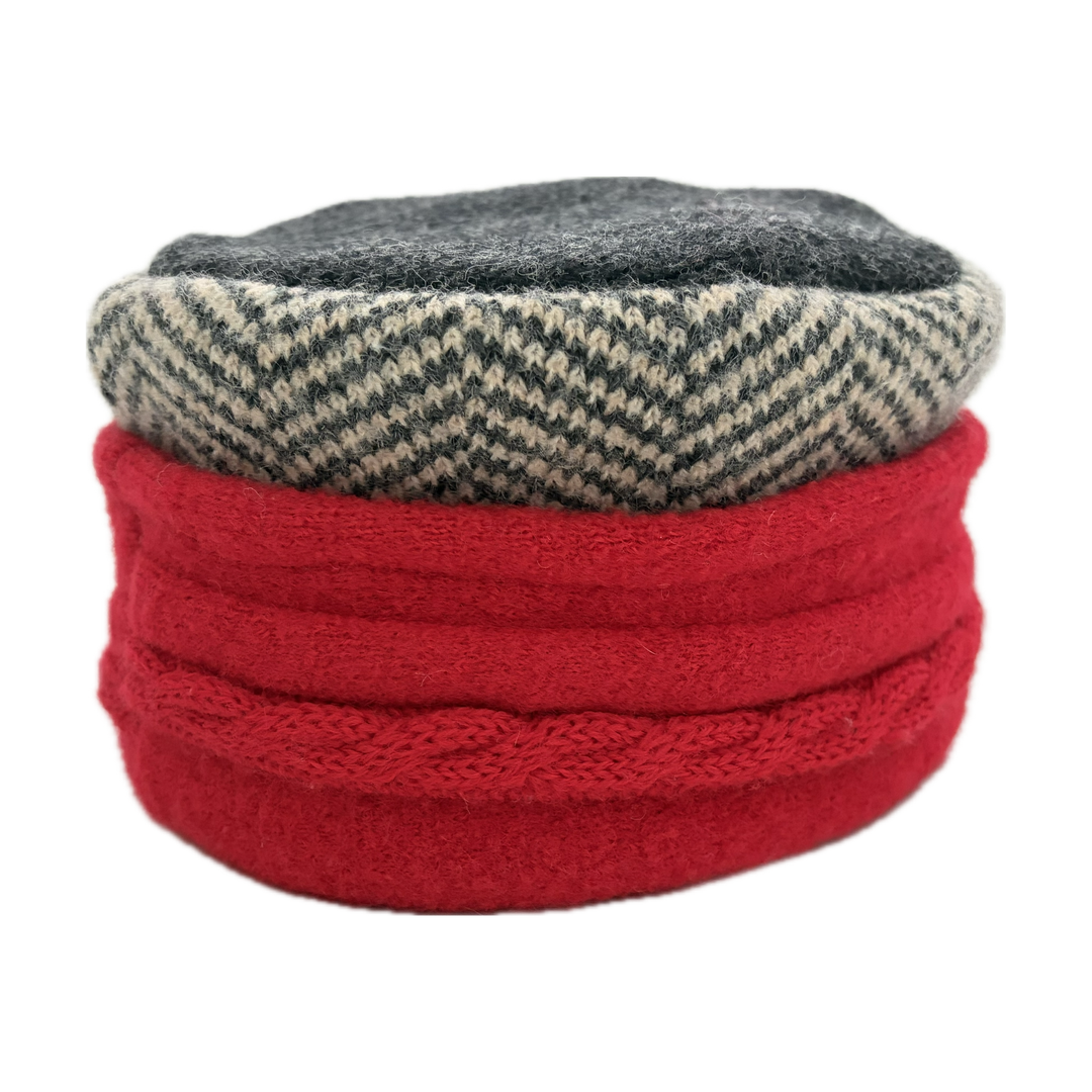 Kids Hat - Cherry Red Knit with Grey & Cream Pattern - 178