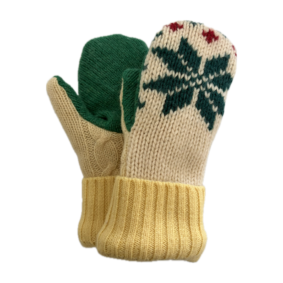Women's Sherpa Lined Mittens - Cream with Butter Yellow, Green & Red Nordic - 001