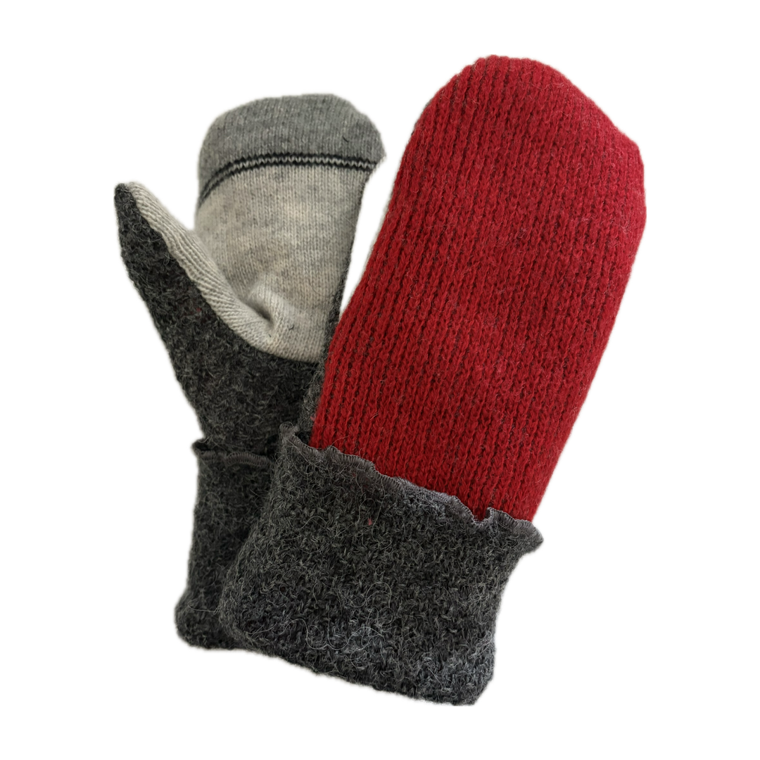 Women's Sherpa Lined Mittens - Cherry Red & Shades of Grey - 003