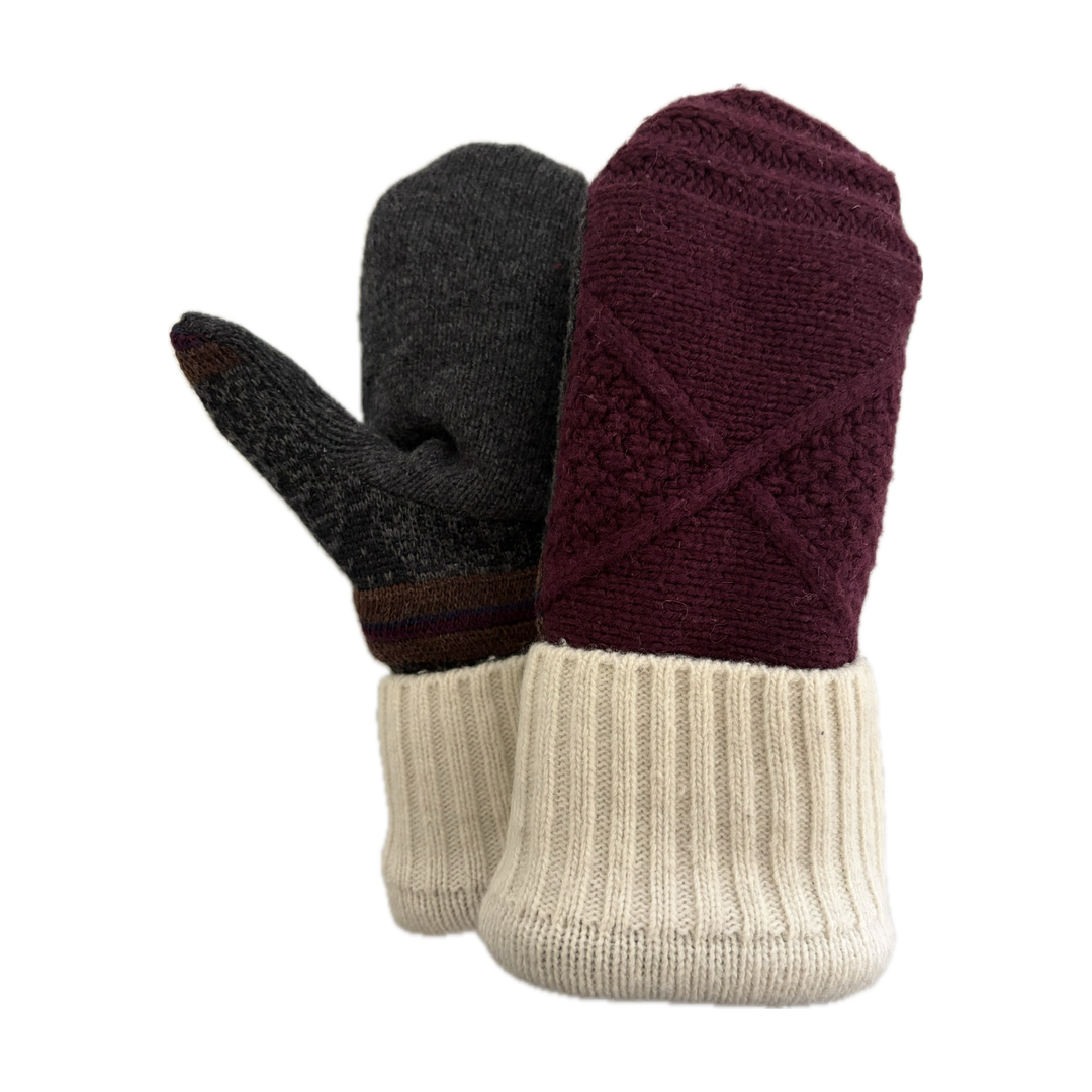 Women's Sherpa Lined Mittens - Maroon, Cream & Grey Nordic - 004