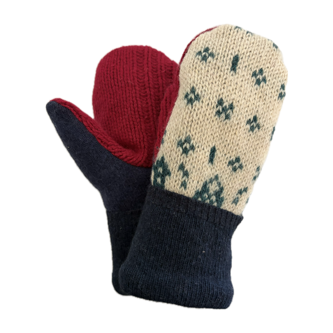 Women's Sherpa Lined Mittens - Cream & Green Nordic with Cherry Red & Navy - 005