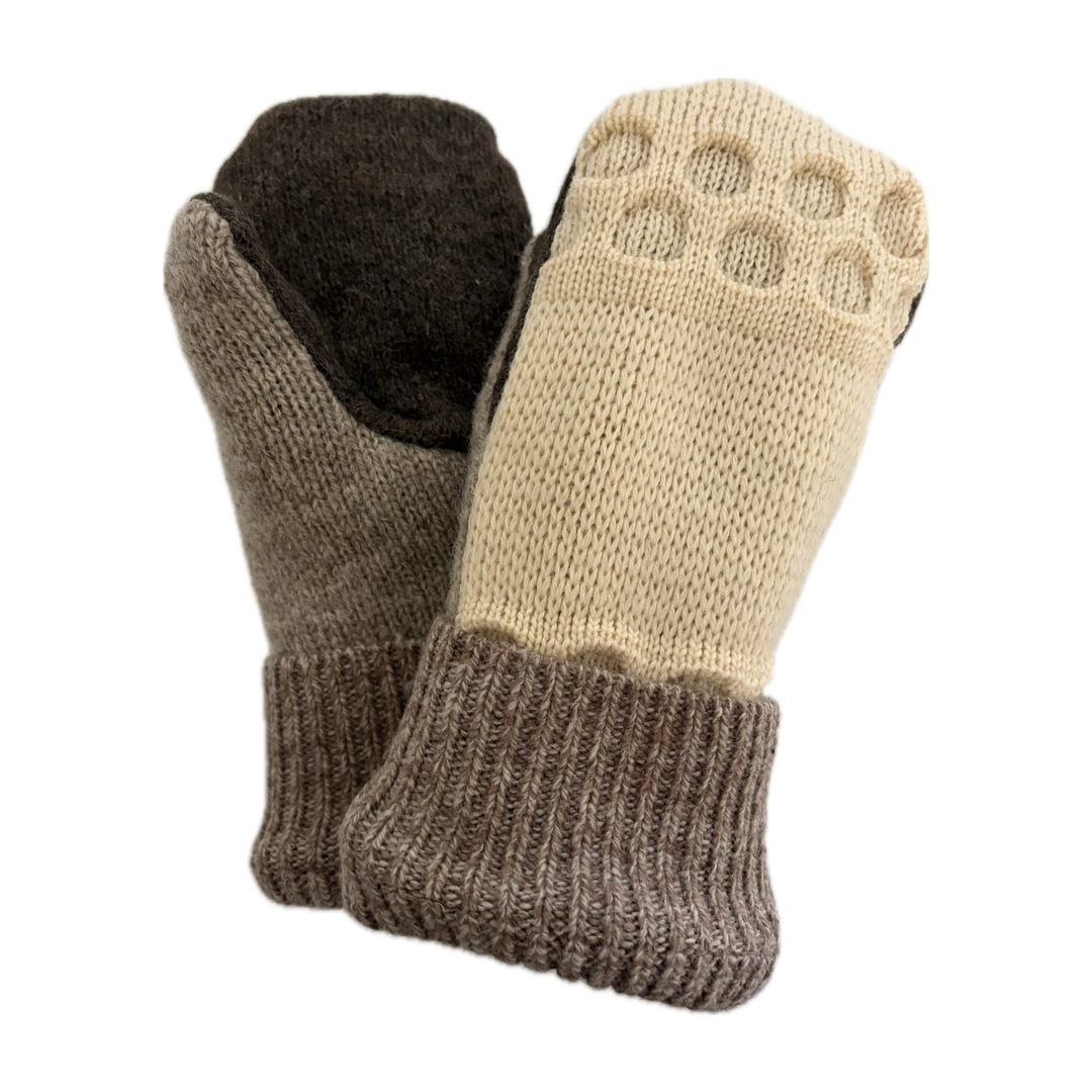 Women's Sherpa Lined Mittens - Cream & Brown - 006