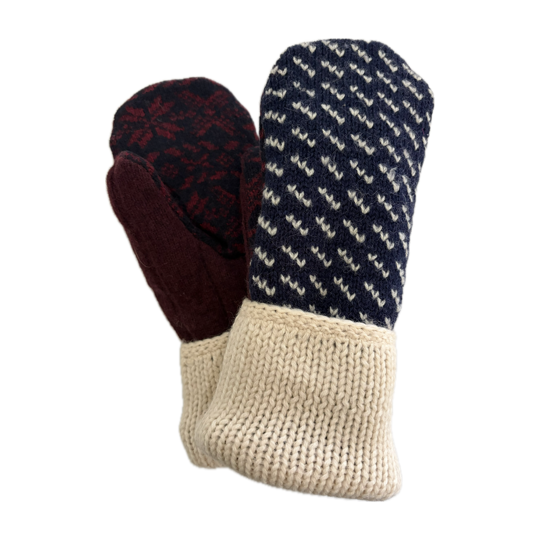 Women's Sherpa Lined Mittens - Navy, Maroon & Cream Nordic - 009