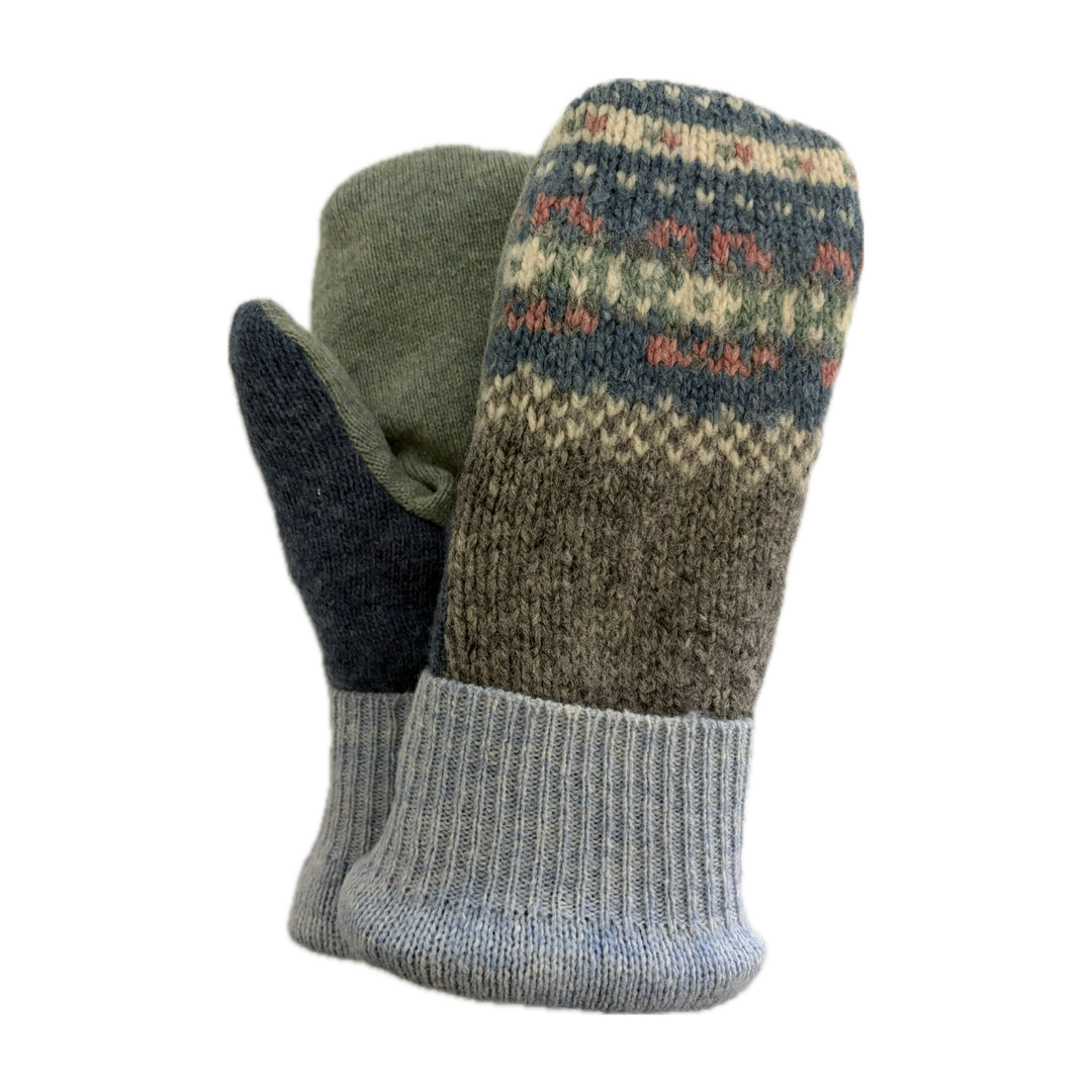 Women's Sherpa Lined Mittens - Green, Cream & Light Blue Nordic - 010