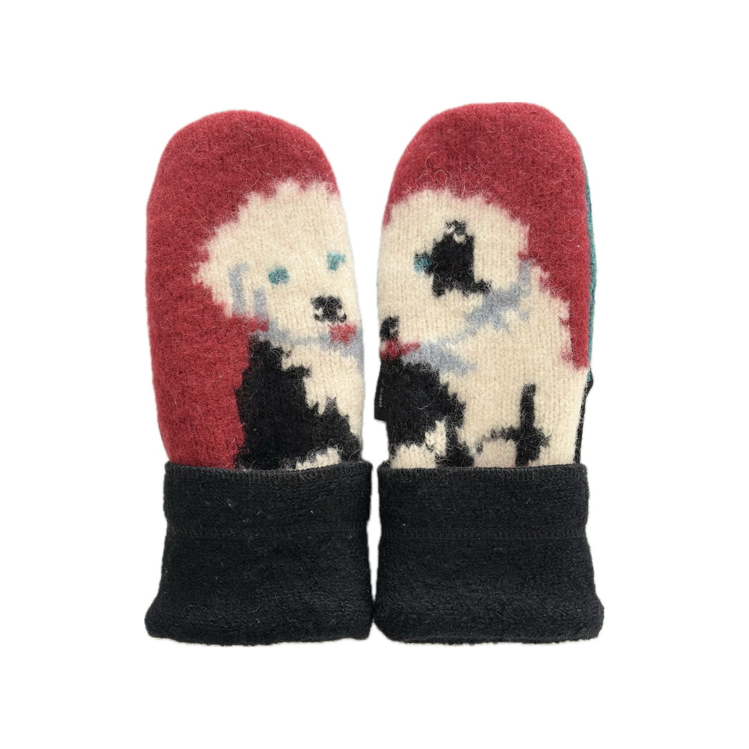 Women's Mittens - Red & Turquoise with Puppies - 1683