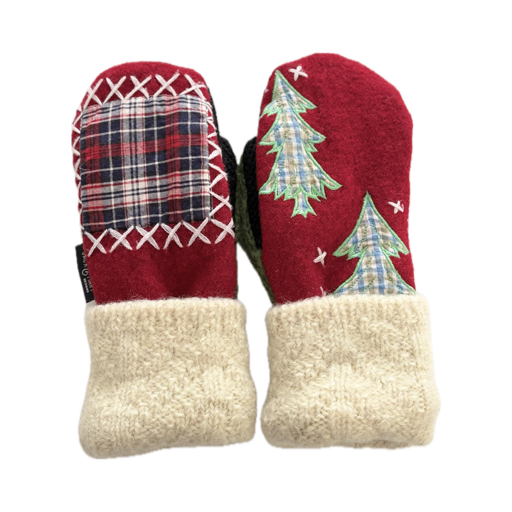 Women's Mittens - Cherry Red with Trees & Plaid - 1686