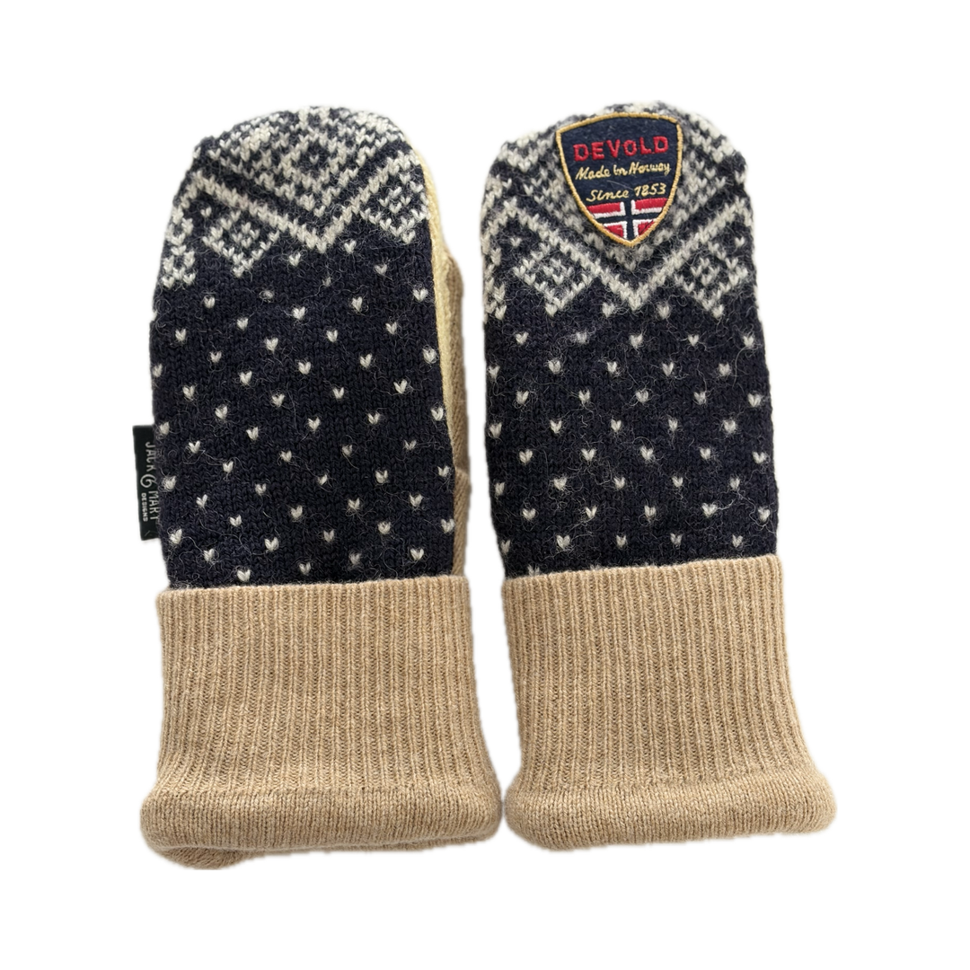 Women's Mittens - Navy, Cream & Camel Nordic with Patch - 1690