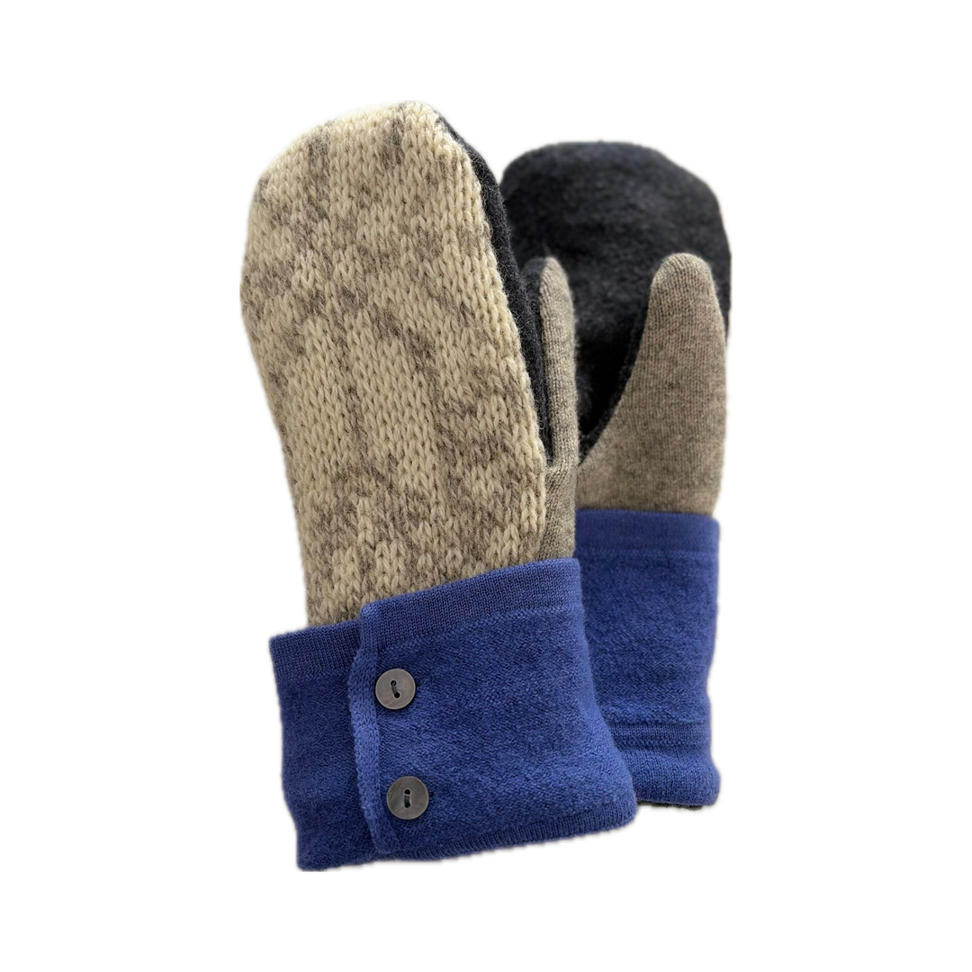Women's Mittens - Cream & Grey Nordic with Blue & Buttons - 1691