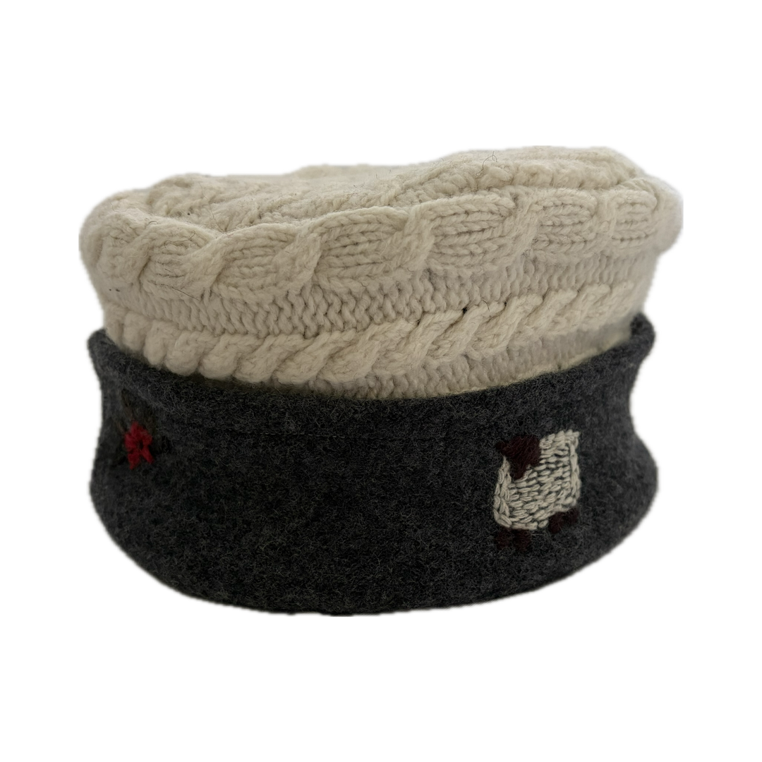 Women's Hat - Cream Cable Knit with Charcoal Grey & Embroidery - 110