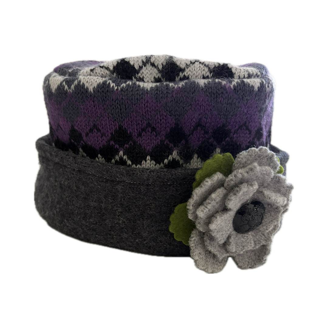 Women's Hat with Flower - Purple, Grey & Black with Grey Flower - 001