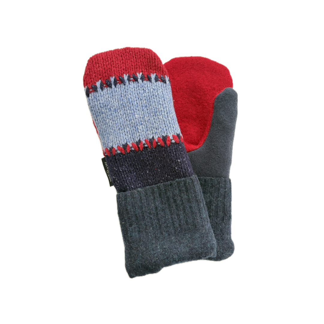 Men's Mittens - Blue, Cherry Red & Grey with Stitching - 370