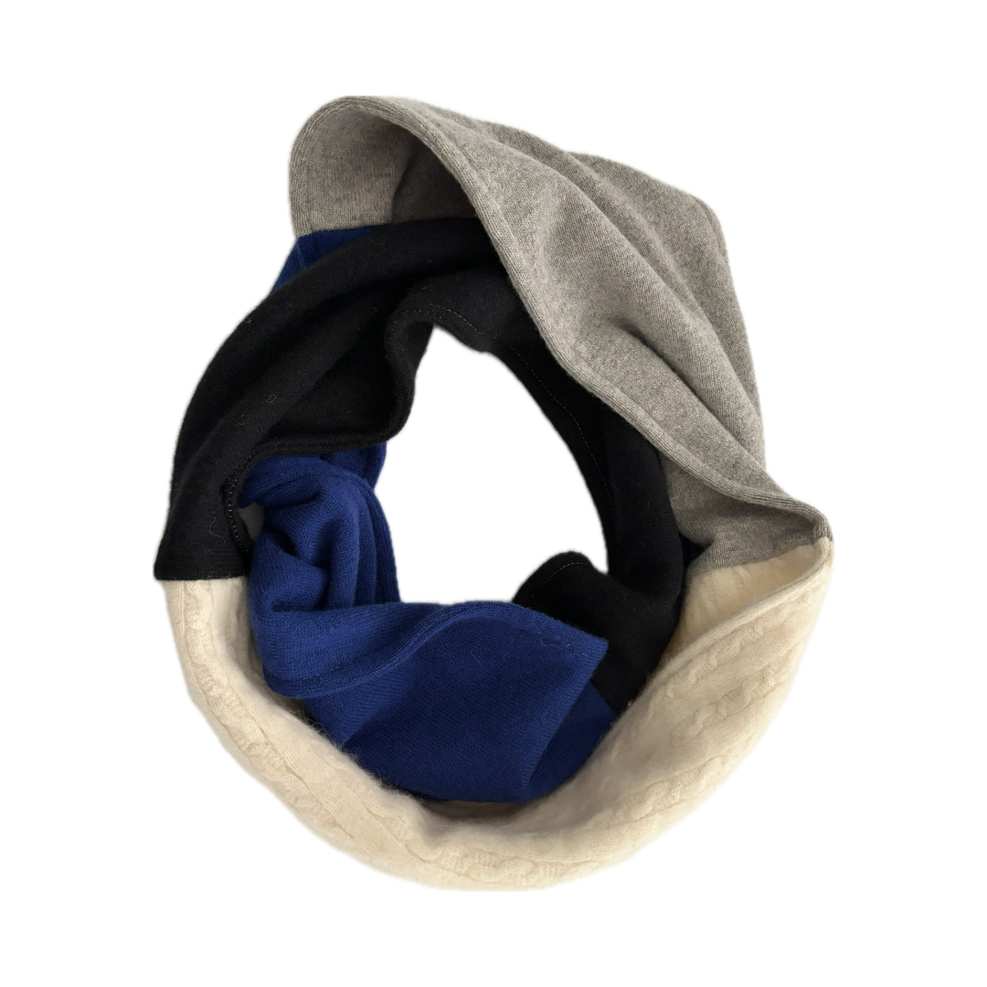 Cashmere Circle Scarf - Blue, Black, Grey & Cream Cable Knit - 273