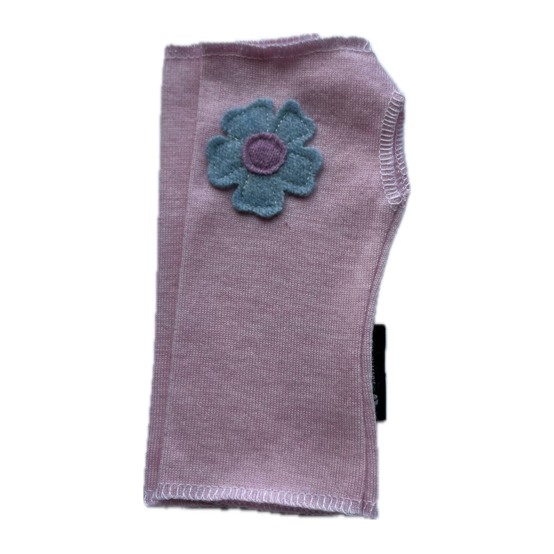 SALE Wool Short Flower Fingerless Mittens - Baby Pink with Off Center Blue Flower - 227