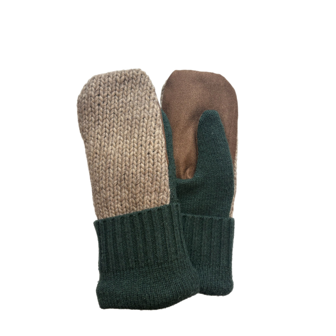 Men's Driving Mittens - Beige & Forest Green with Chocolate Micro-Suede Palm - 207