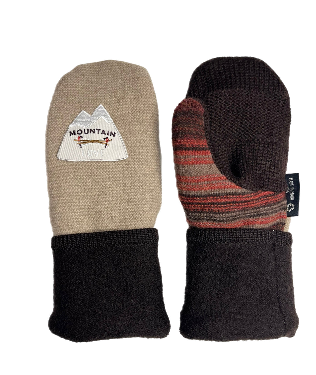 Women's Mittens - Beige & Chocolate Brown with Orange Stripe & Mountain Symbol - 1621 M/L