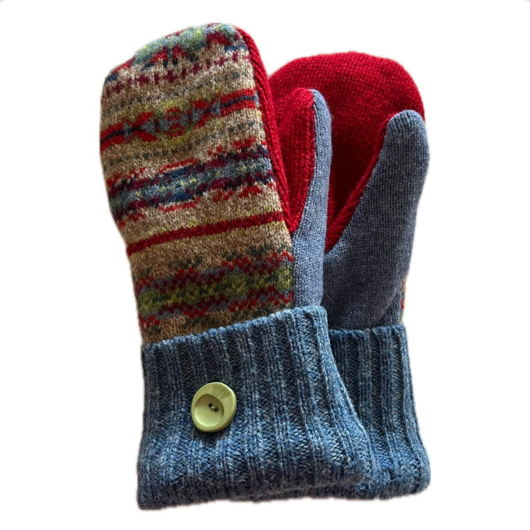 Women's Mittens - Beige, Red & Blue Nordic with Button - 1482 M/L 