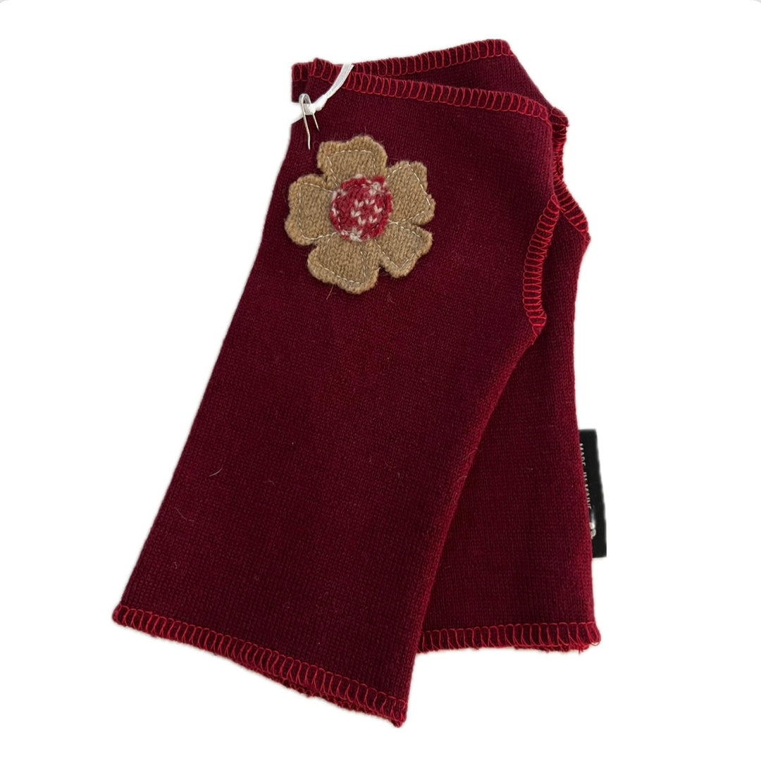 SALE Wool Short Flower Fingerless Mittens - Berry with Off Center Light Beige Flower - 212