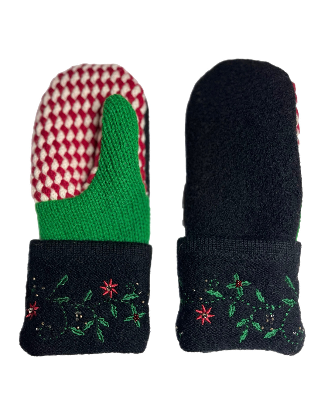 Women's Mittens - Black, Green & Red Christmas Pattern - 1622 M/L