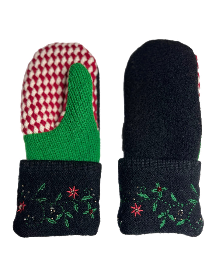 Women's Mittens - Black, Green & Red Christmas Pattern - 1622 M/L