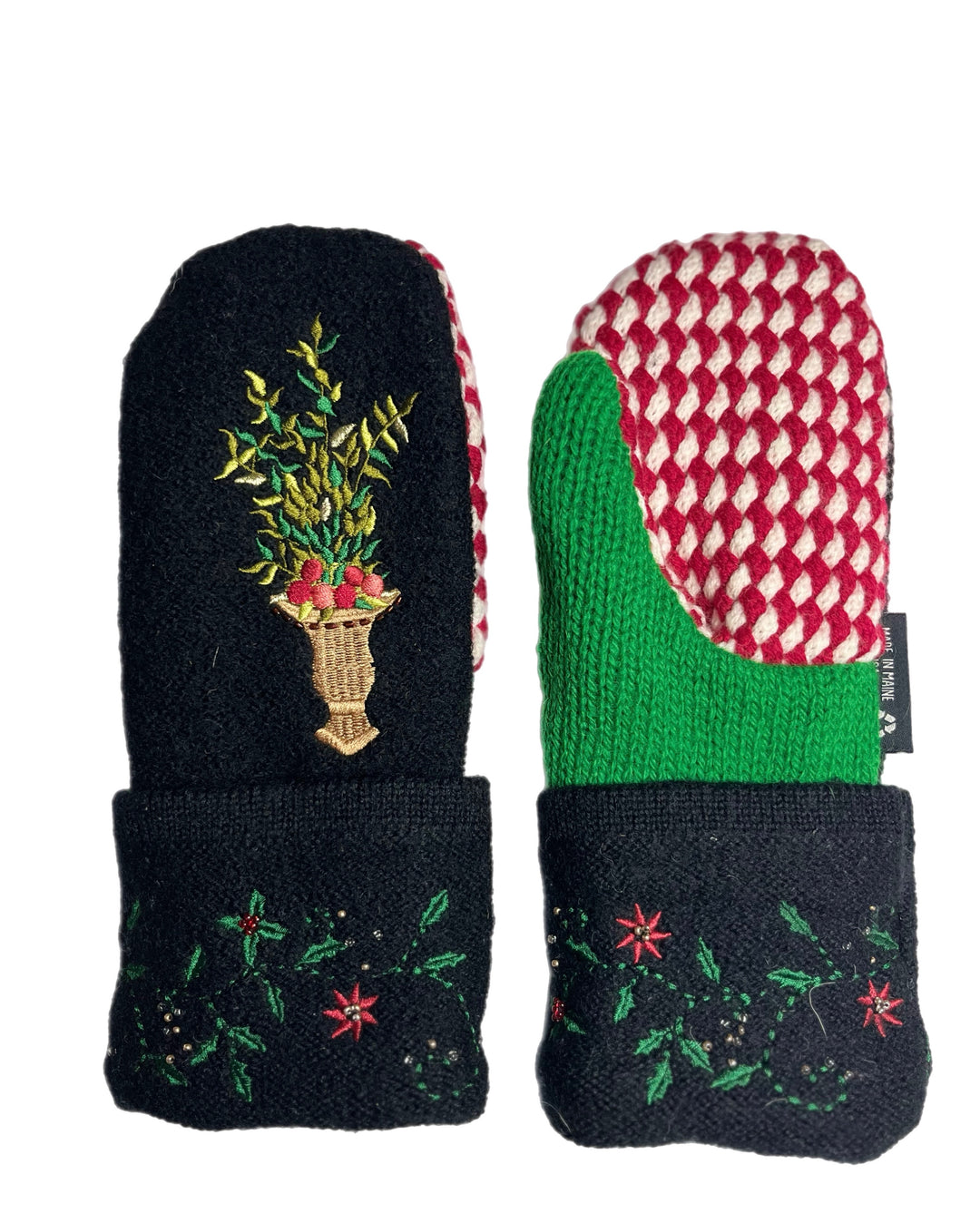 Women's Mittens - Black, Green & Red Christmas Pattern - 1622 M/L