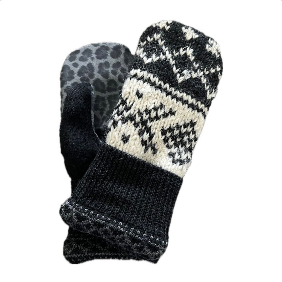 Women's Driving Mittens - Black & White Nordic with Cheetah Print Micro-Suede Palm