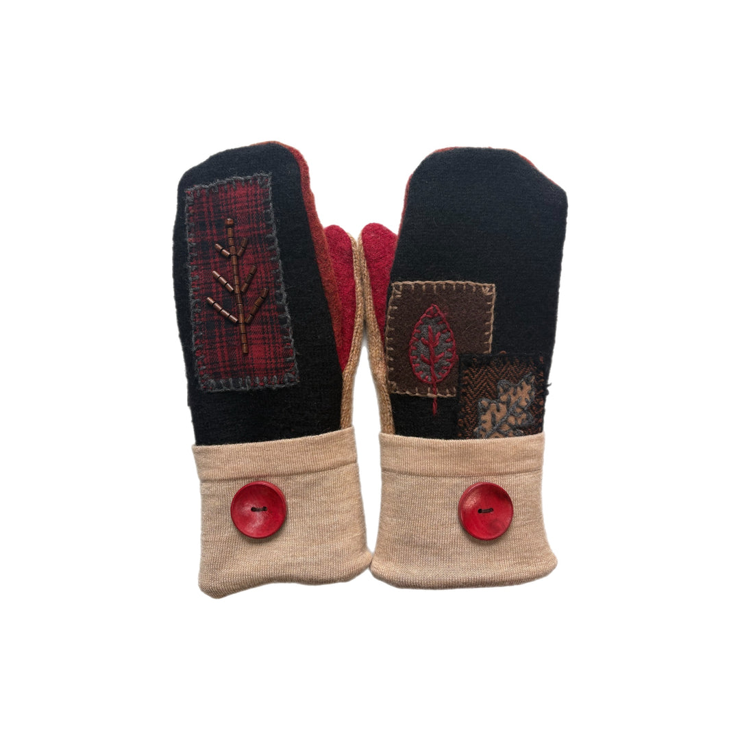 Women's Mittens - Black & Red Patchwork with Button - 1614 M/L
