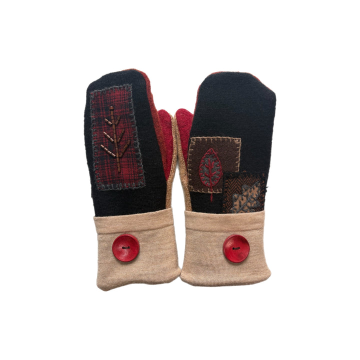 Women's Mittens - Black & Red Patchwork with Button - 1614 M/L