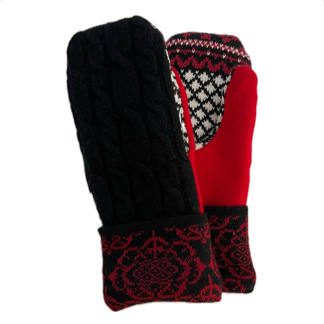 Women's Mittens - Black Cable Knit & Red Pattern - 1525 M/L