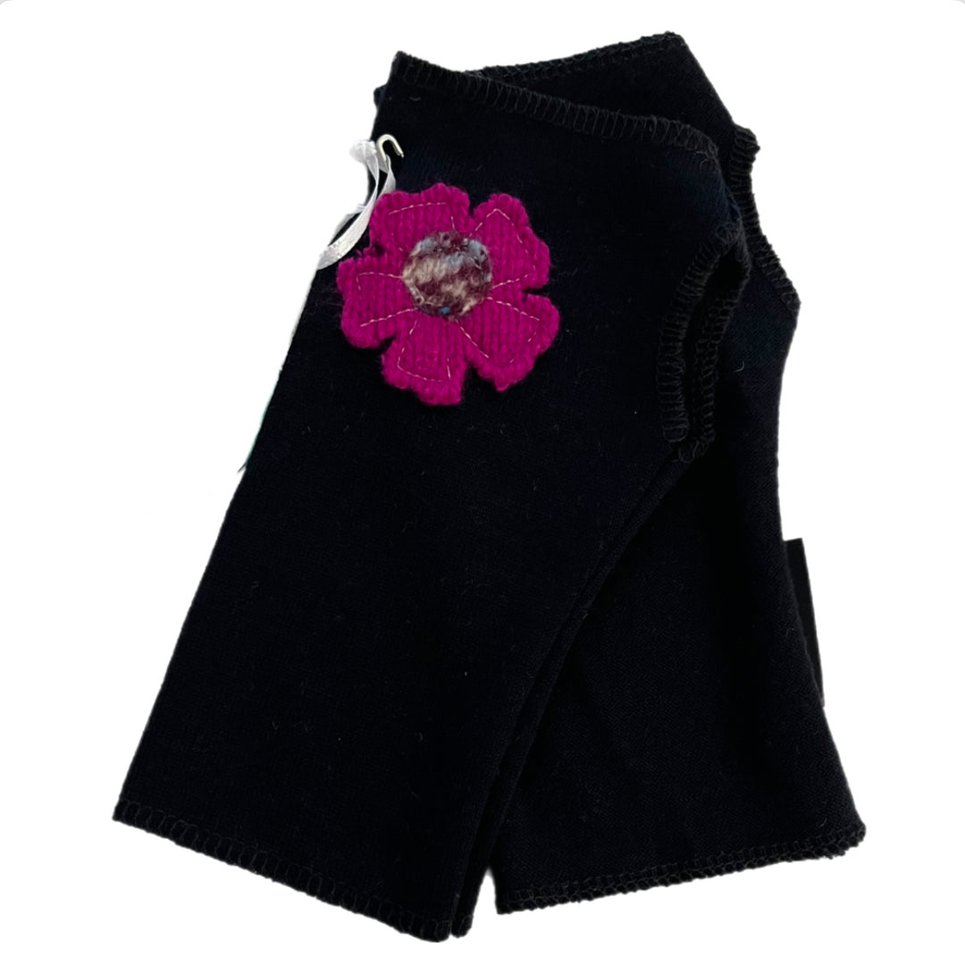 SALE Wool Short Flower Fingerless Mittens - Black with Off Center Fuchsia Flower - 210