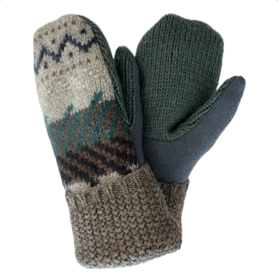 Women's Sherpa Lined Mittens - Blue/Green & Beige Nordic - 604