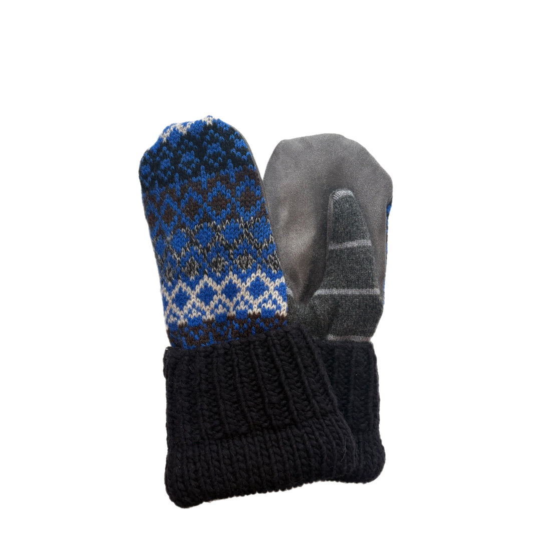 Men's Driving Mittens - Blue & Black Nordic with Light Grey Micro-Suede Palm - 211