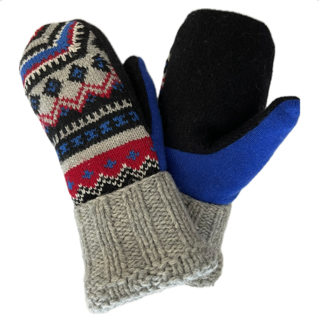 Women's Sherpa Lined Mittens - Blue, Black & Red Nordic - 608