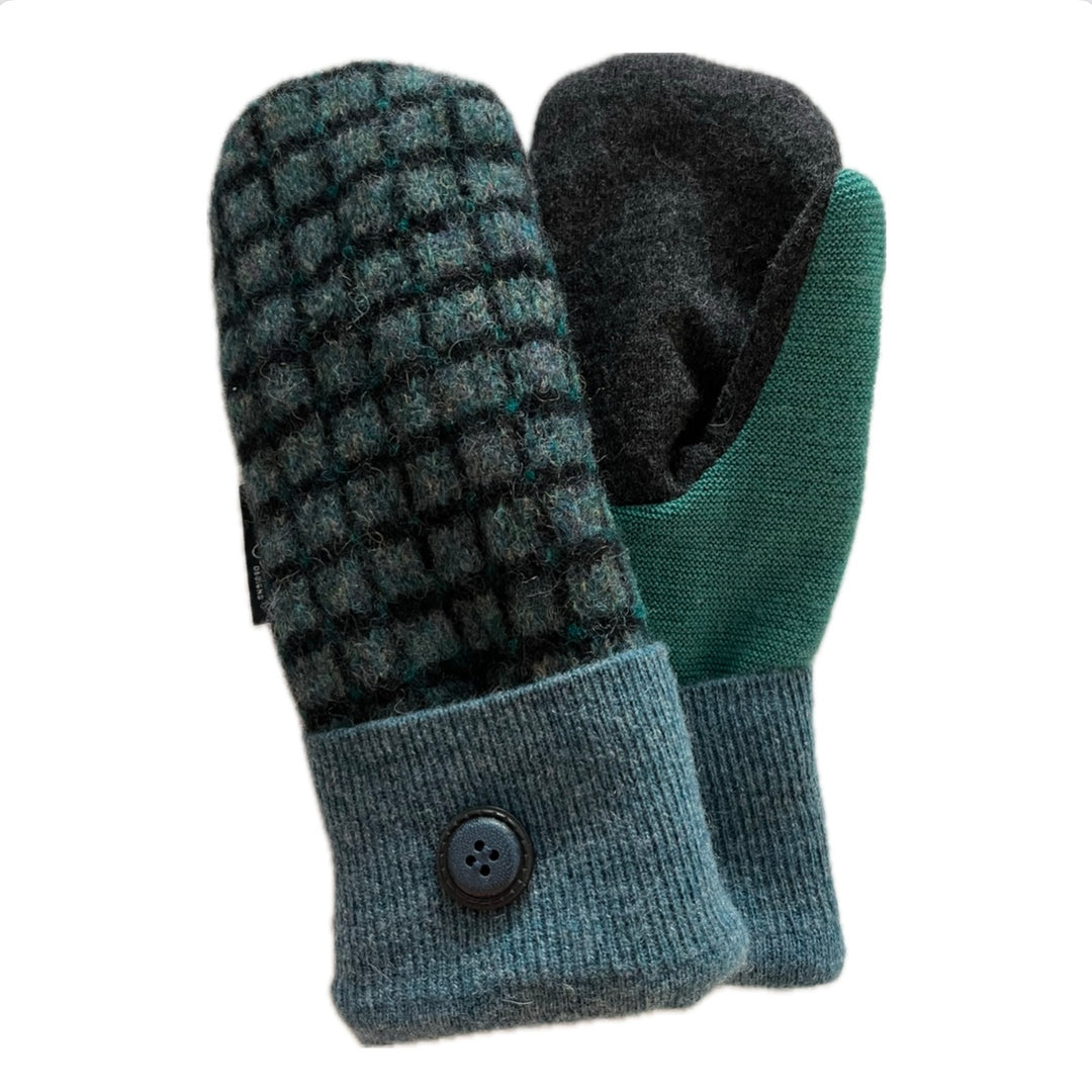 Women's Mittens - Blue/Green & Gray Pattern with Buttons - 1495 M/L 