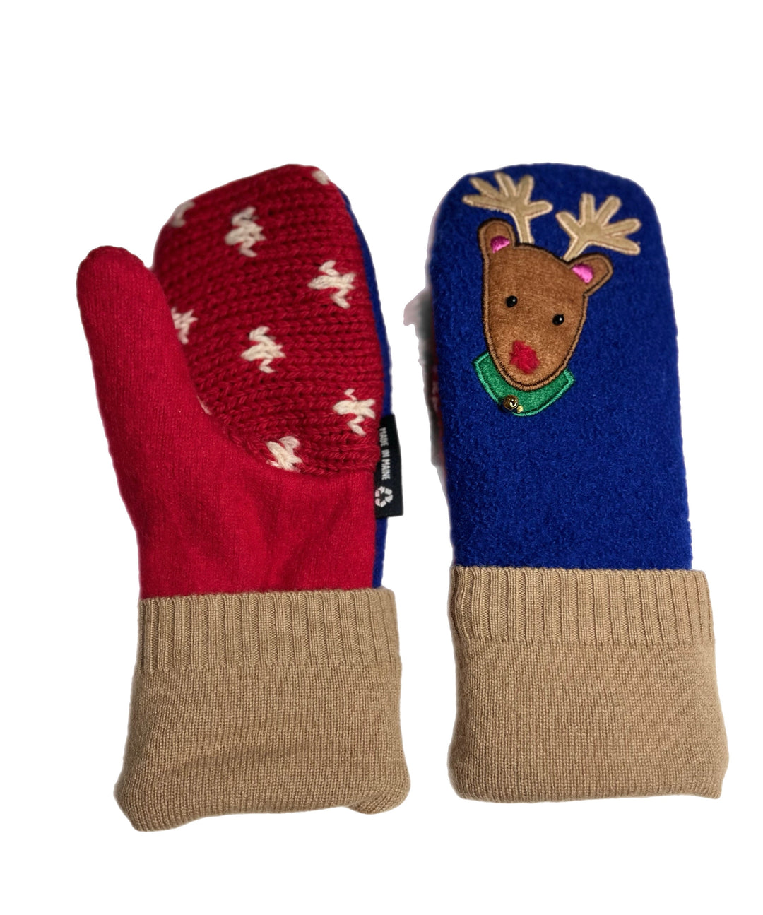 Women's Mittens - Blue, Red & Camel with Santa & Rudolph - 1620 M/L