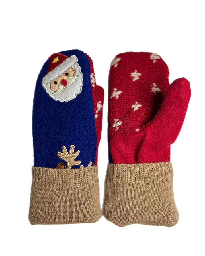 Women's Mittens - Blue, Red & Camel with Santa & Rudolph - 1620 M/L