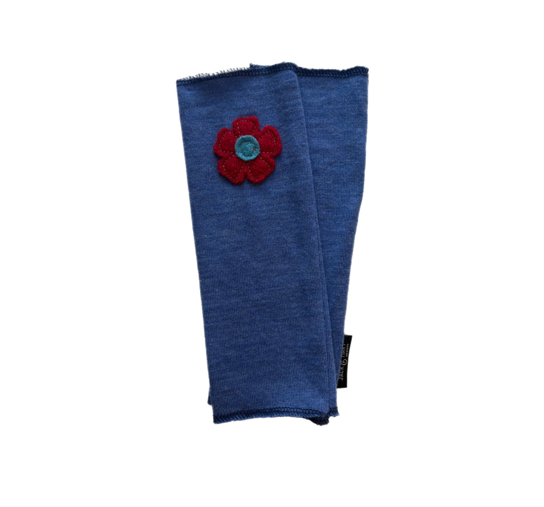 Long Fingerless Mittens - Blue with Red Flower - 157