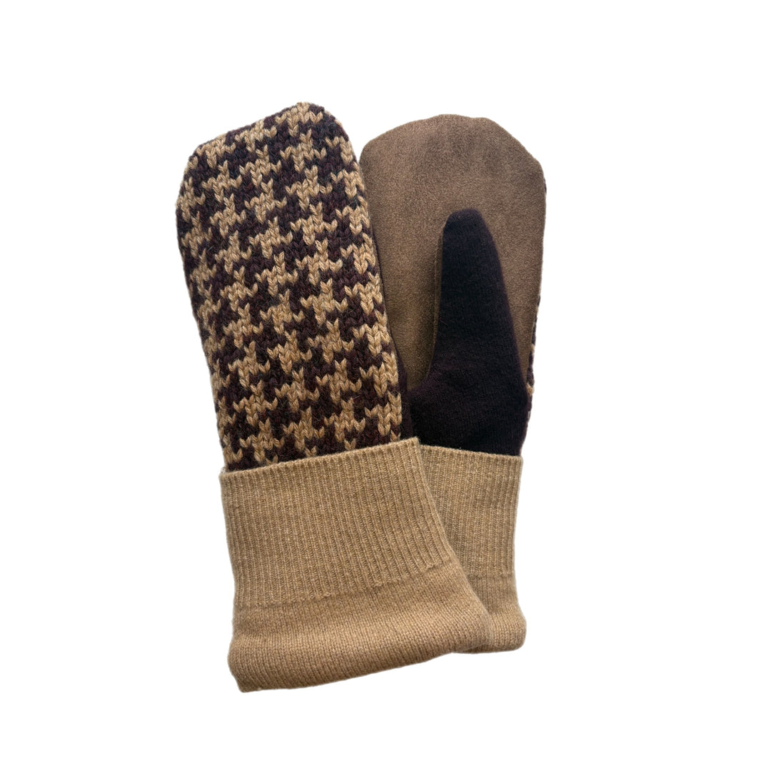 Men's Driving Mittens - Brown & Beige Pattern with Chocolate Micro-Suede Palm - 202