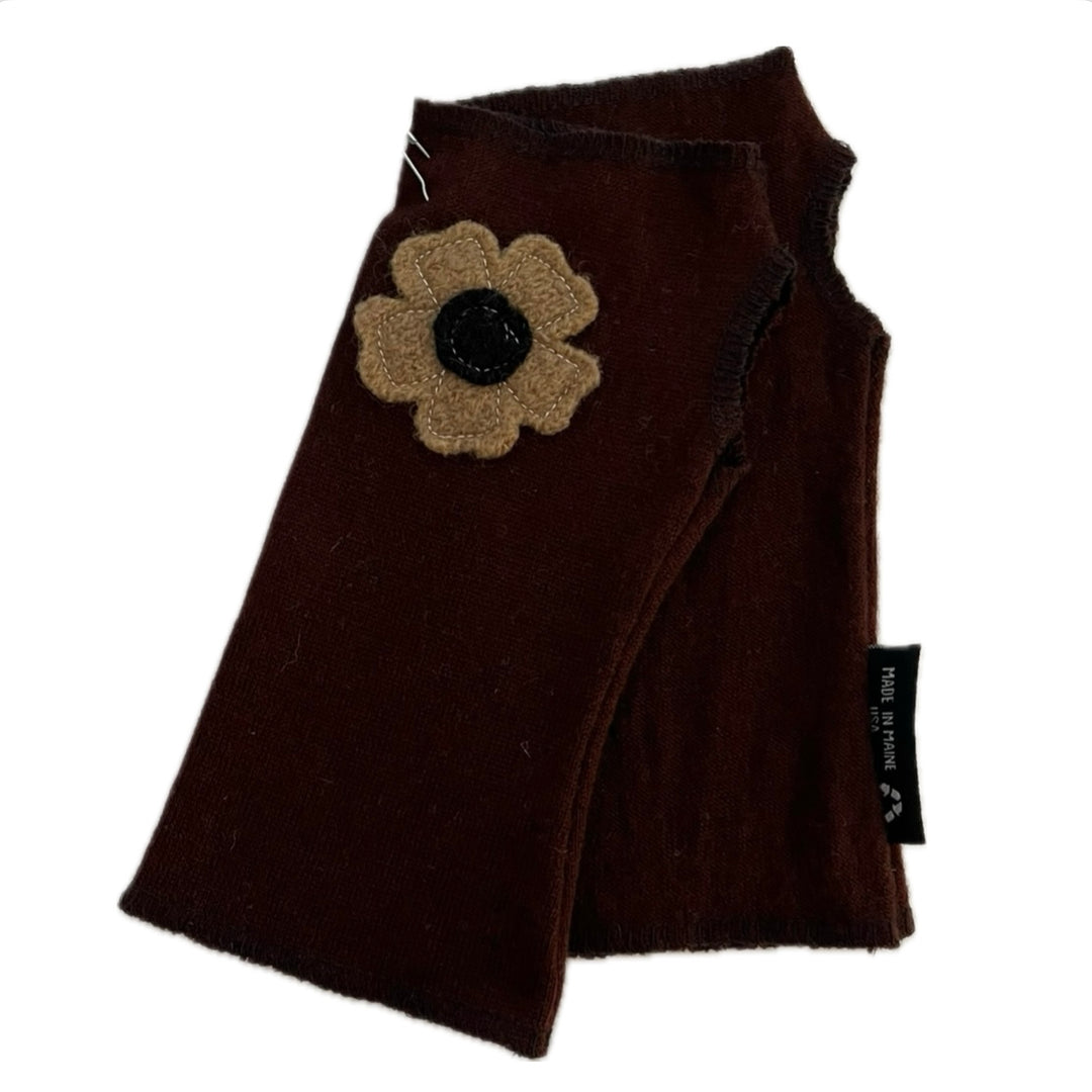 SALE Wool Short Flower Fingerless Mittens - Brown with Off Center Tan Flower - 208