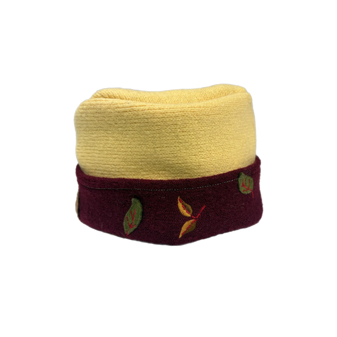 Women's Hat - Butter Yellow & Maroon with Leaf Pattern - 93 | One Size
