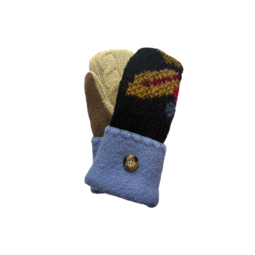 Women's Mittens - Black, Light Blue & Yellow Pattern with Buttons - 1610 M/L