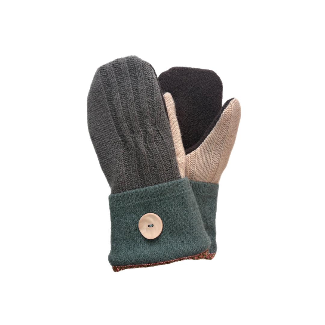 Women's Mittens - Dark Sage Green, Grey & Baby Pink with Buttons - 1606 M/L 