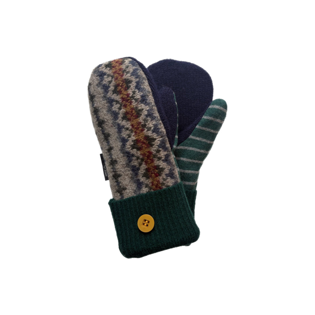 Women's Mittens - Forest Green, Navy & Beige Nordic with Buttons - 1607 M/L 