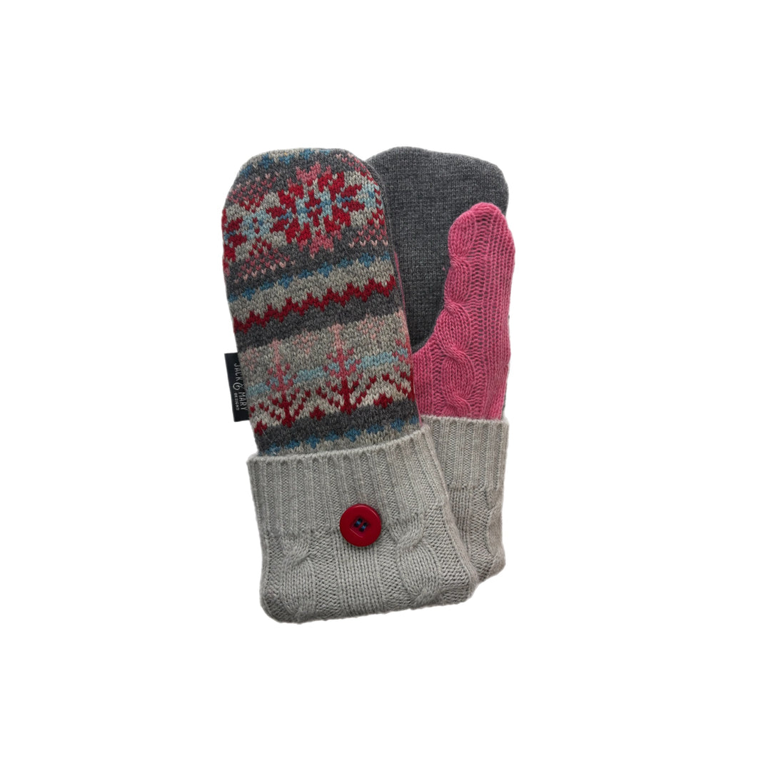 Women's Mittens - Grey, Pink, Red & Blue Nordic with Buttons - 1608 M/L 