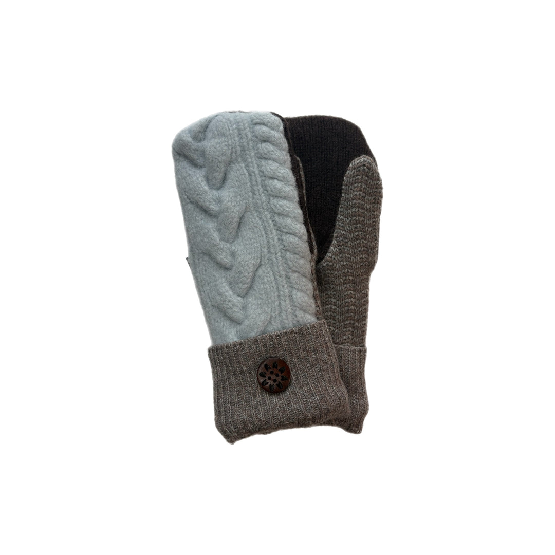 Women's Mittens - Light Blue & Beige Heather Pattern with Buttons - 1605 M/L 